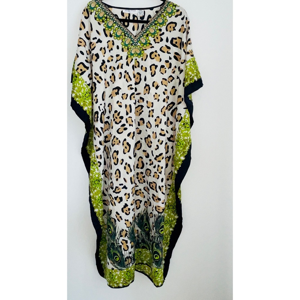 Ashley Taylor Womens Kaftan OS Multicolor Leopard Peacock Sequin Maxi Dress